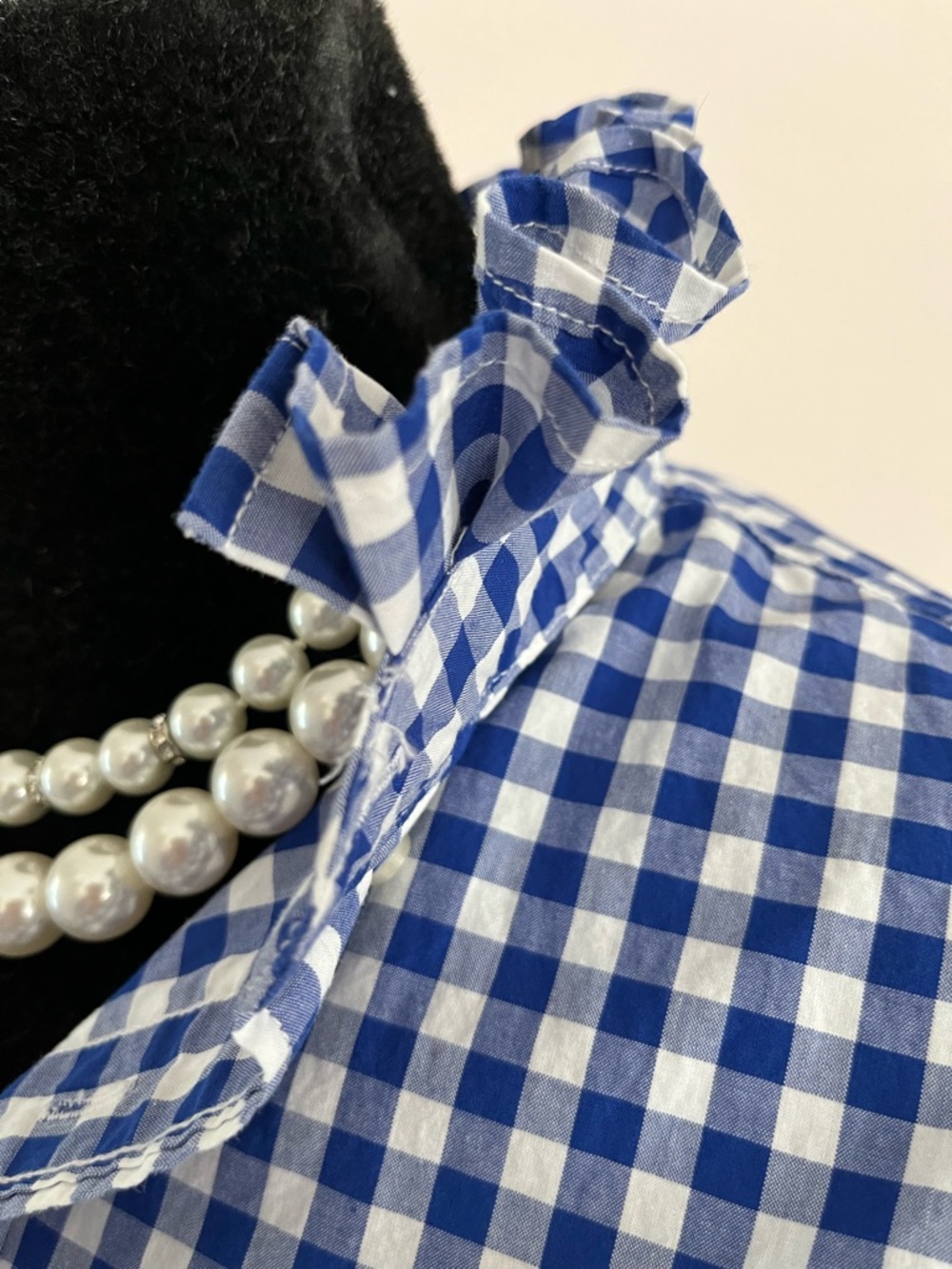 Upcycled L.L. Bean Blue and White Gingham Tie-Front Button-Down Ruffle Collar - Picture 2 of 7